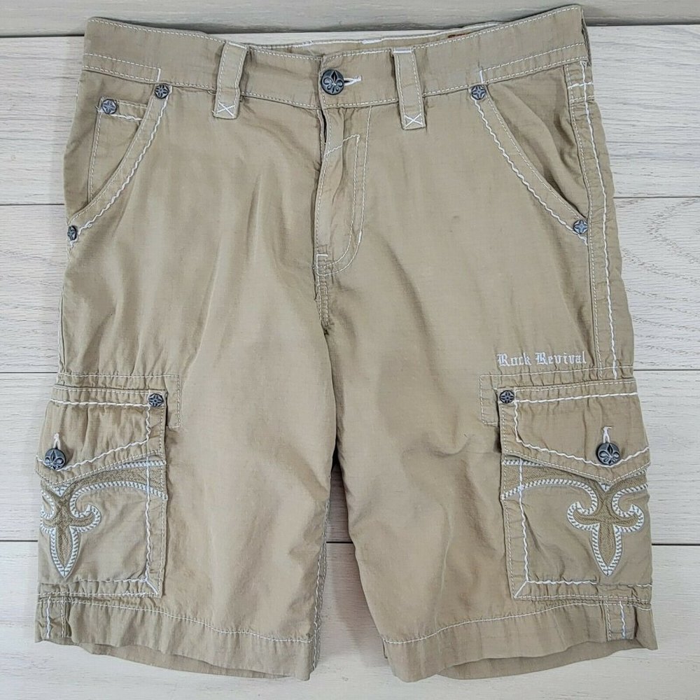 Men’s Rock Revival Classic Khaki Cargo Shorts Size 34 x 24, Thick Stitch